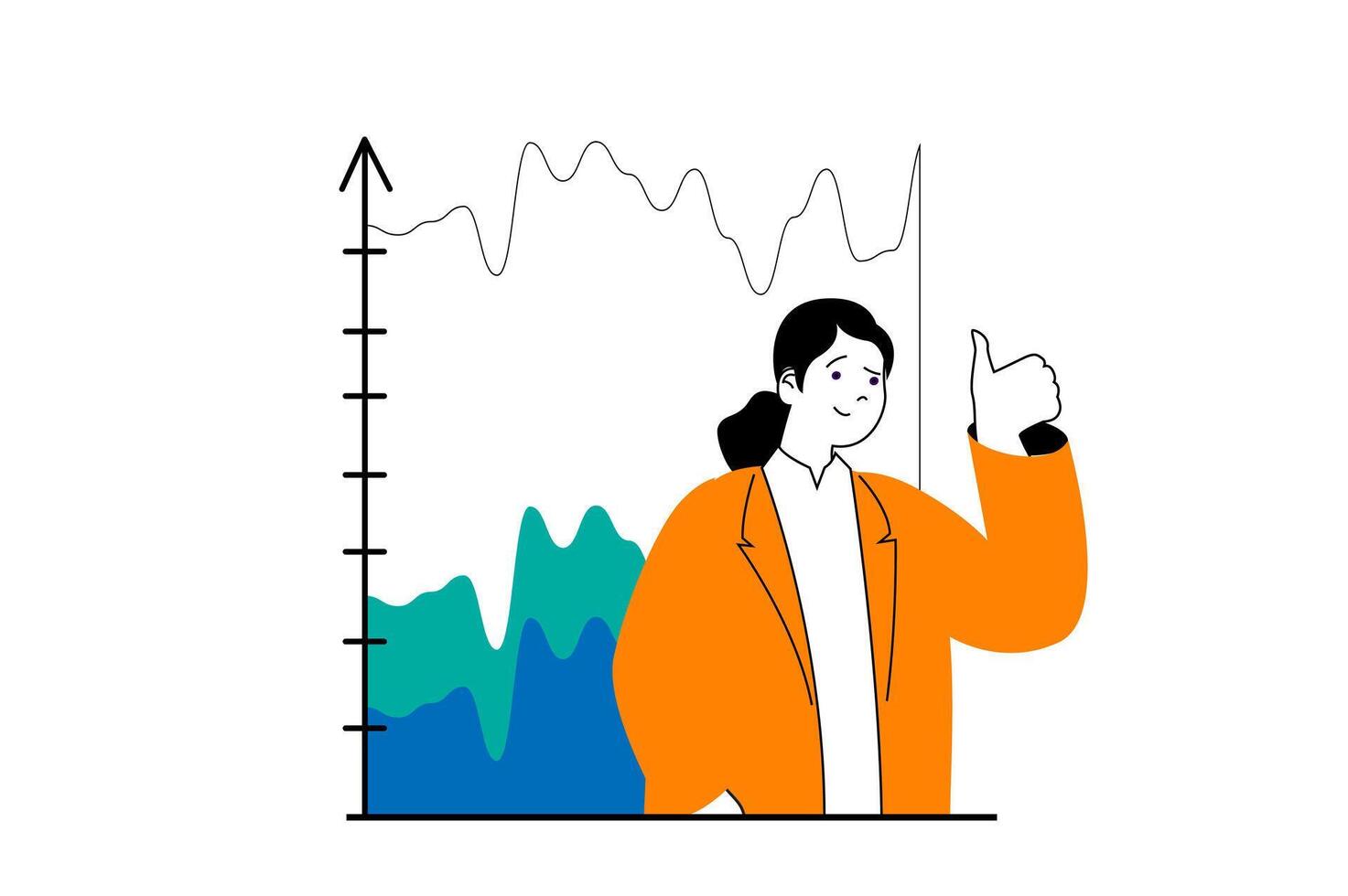 Les données une analyse concept avec gens scène dans plat la toile conception. femme en cours d'analyse Chariot et surveillance processus, fabrication comptabilité rapports. vecteur illustration pour social médias bannière, commercialisation matériel.