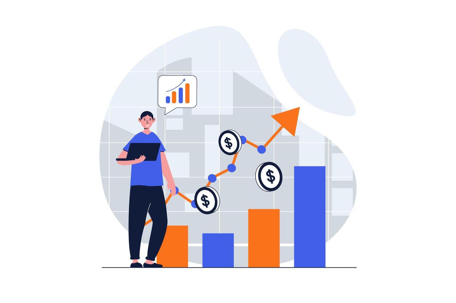 Ventes performance la toile concept avec personnage scène. homme analyser financier Stock graphiques et augmenter profit. gens situation dans plat conception. vecteur illustration pour social médias commercialisation matériel.