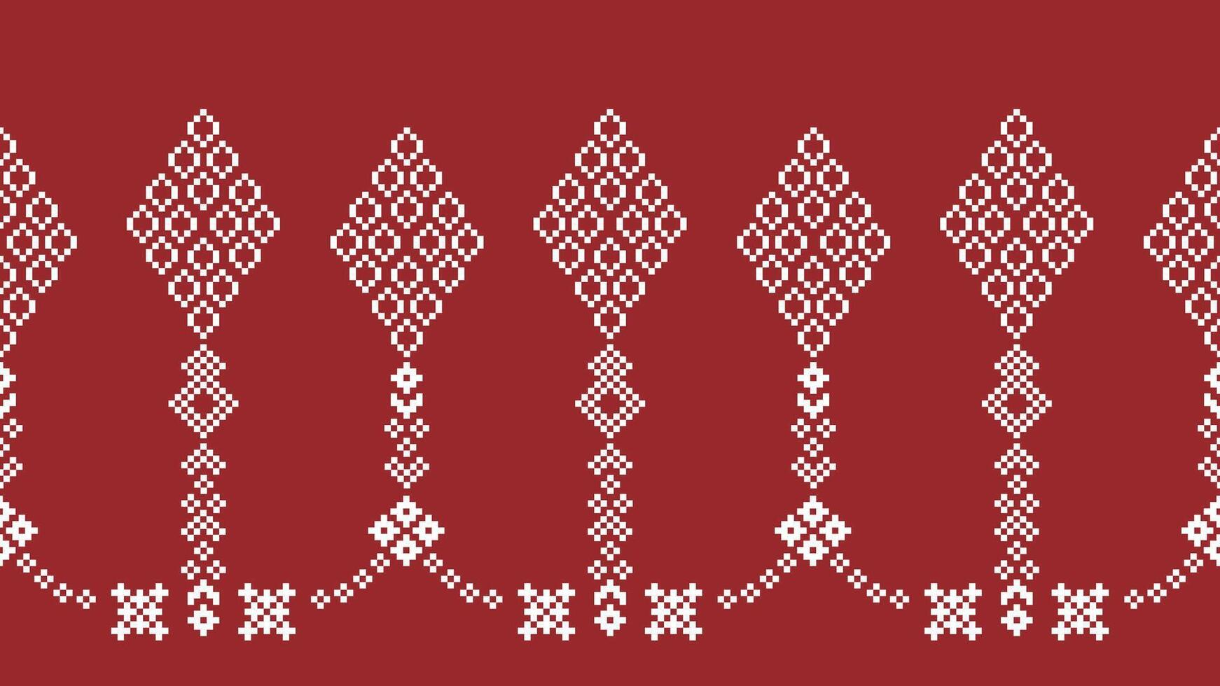 traditionnel ethnique motifs ikat géométrique en tissu modèle traverser point.ikat broderie ethnique Oriental pixel rouge Contexte. abstrait, vecteur, illustration. texture, Noël, décoration, papier peint. vecteur