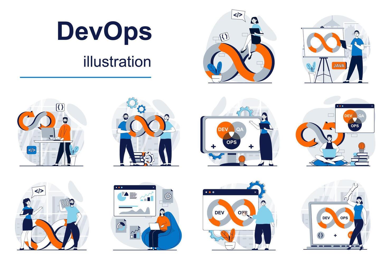 devops concept avec personnage situations méga ensemble. paquet de scènes gens travail sur opérations processus, programmation logiciel, en utilisant agile projet gestion. vecteur des illustrations dans plat la toile conception