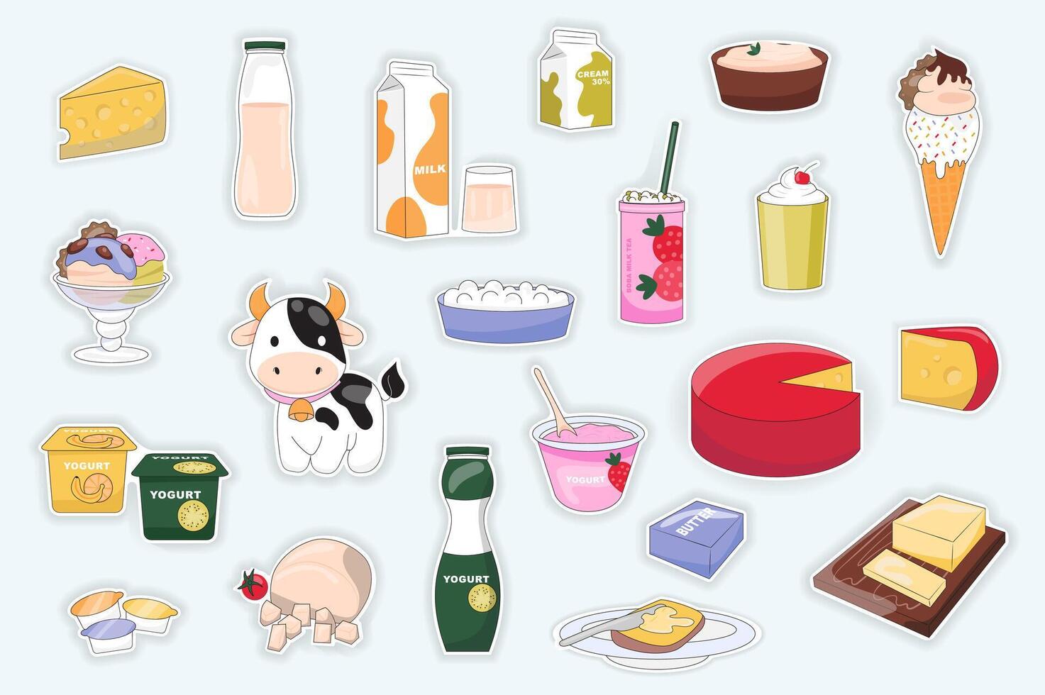 Lait et laitier des produits méga ensemble dans graphique plat conception. paquet éléments de fromage, yaourt, boisson dans bouteilles, emballage, la glace crème, vache, Milk-shake, beurre, autre. vecteur illustration isolé autocollants