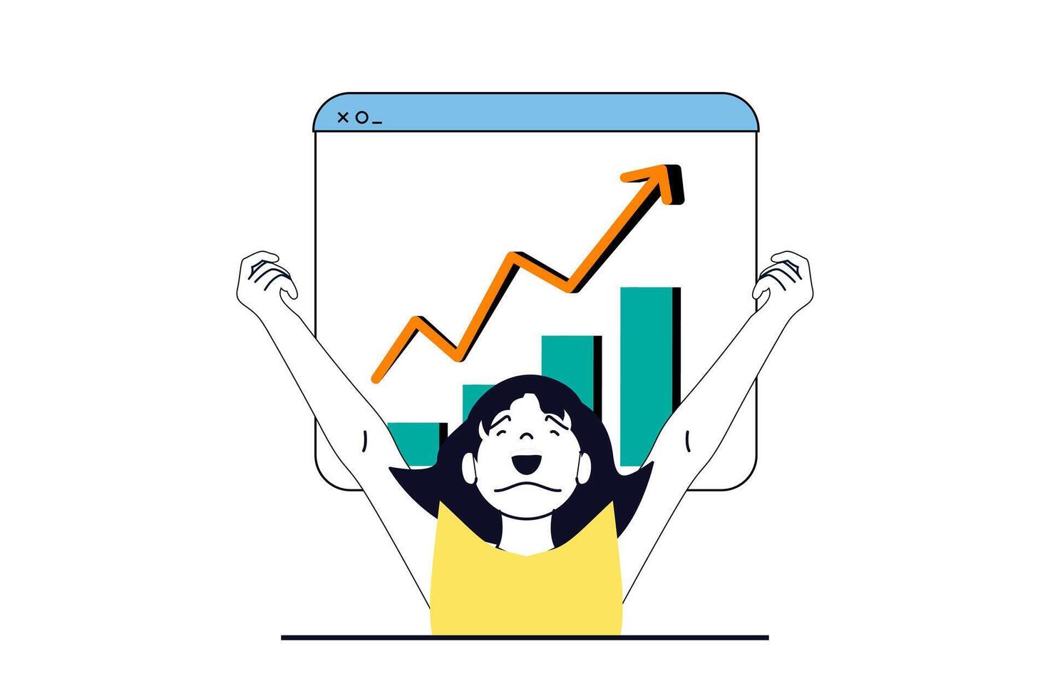 Les données une analyse concept avec gens scène dans plat la toile conception. femme fabrication financier Audit et avoir positif dynamique tendance à graphique. vecteur illustration pour social médias bannière, commercialisation matériel.