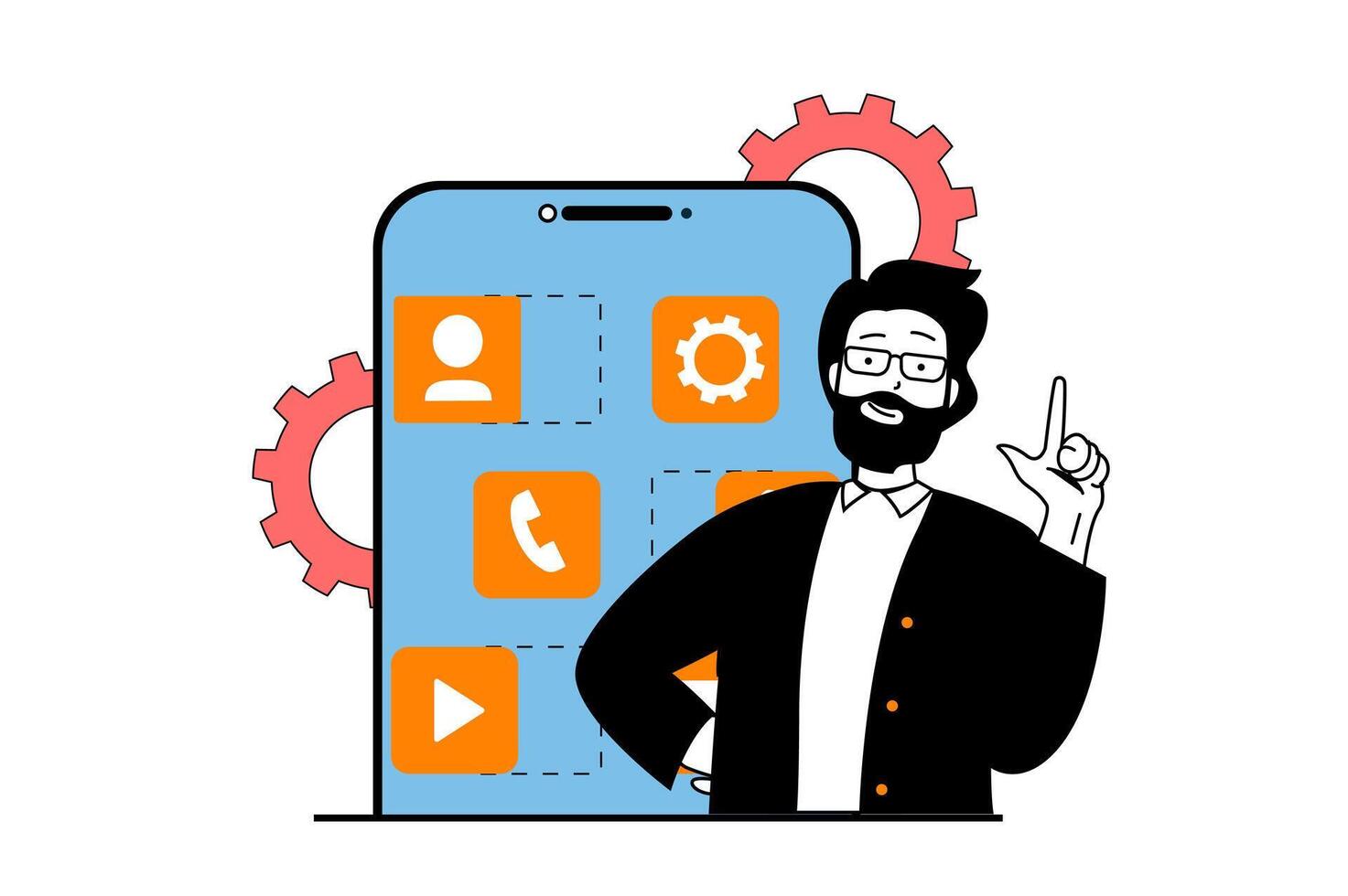 app développement concept avec gens scène dans plat la toile conception. homme développement ui disposition sur mobile écran et placement programme boutons. vecteur illustration pour social médias bannière, commercialisation matériel.