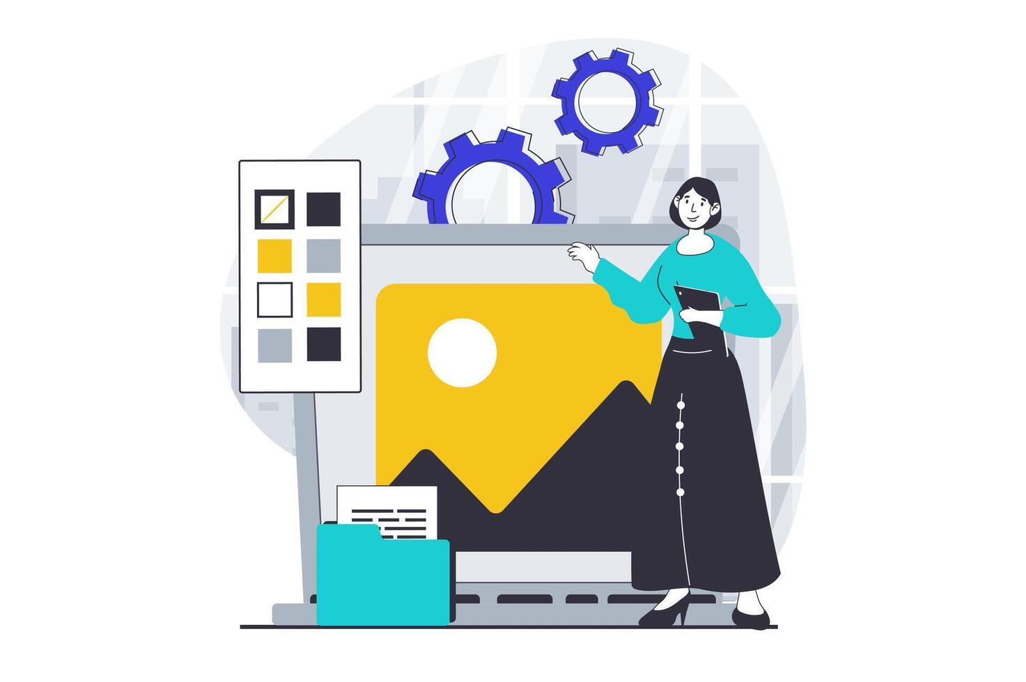 ui ux conception concept avec gens scène dans plat graphique pour la toile. femme travail avec mise en page, création image contenu, sélection couleurs. vecteur illustration pour social médias bannière, commercialisation matériel.