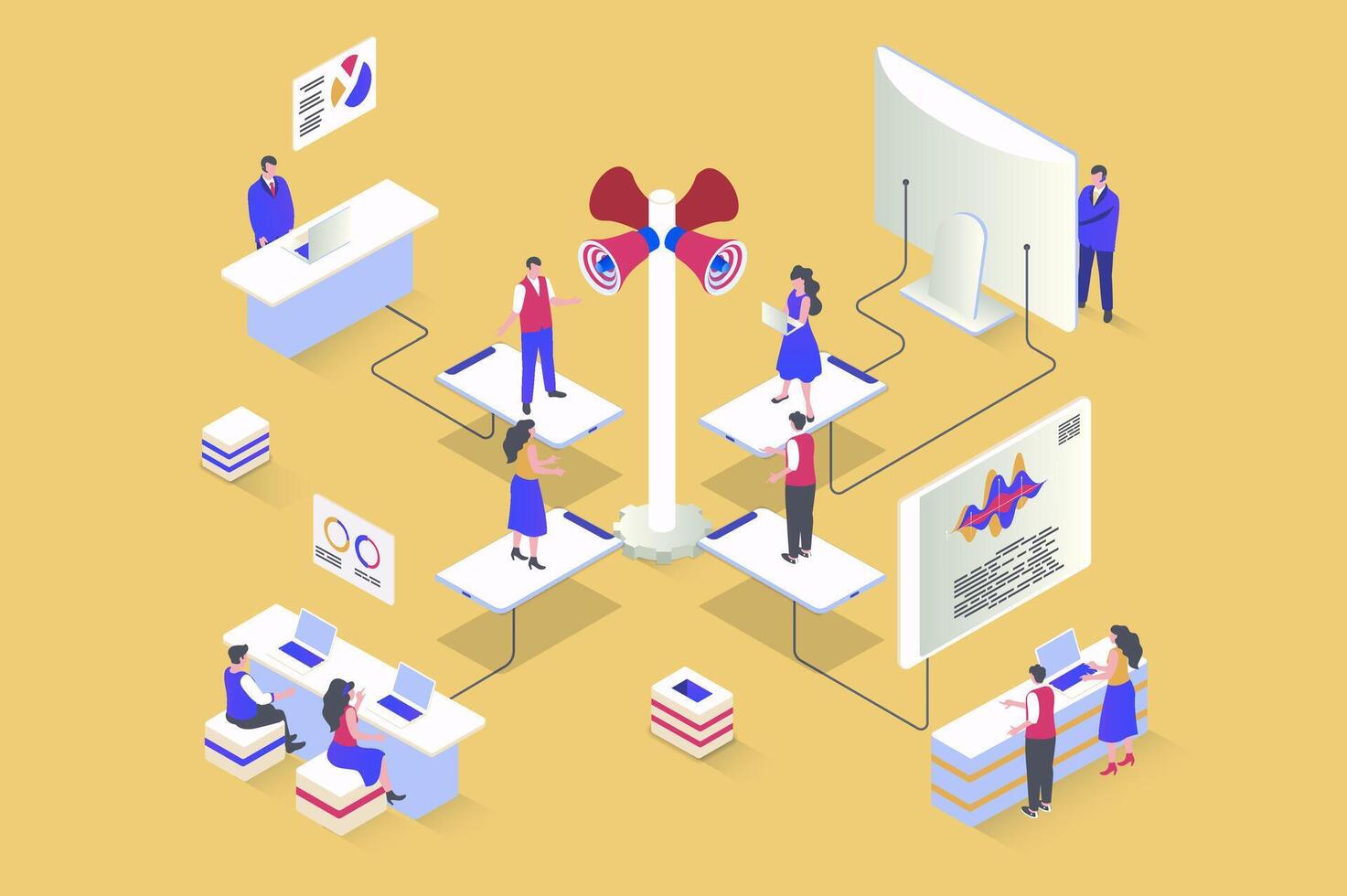 référence commercialisation concept dans 3d isométrique conception. fidélité programme à attirer Nouveau les clients en utilisant la communication et publicité outils. vecteur illustration avec isométrie gens scène pour la toile graphique