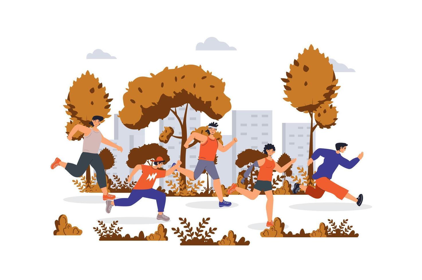 gens fonctionnement concept avec personnage scène pour la toile. femmes et Hommes fonctionnement dans ville parc, compétitif dans course marathon, sport situation dans plat conception. vecteur illustration pour commercialisation matériel.