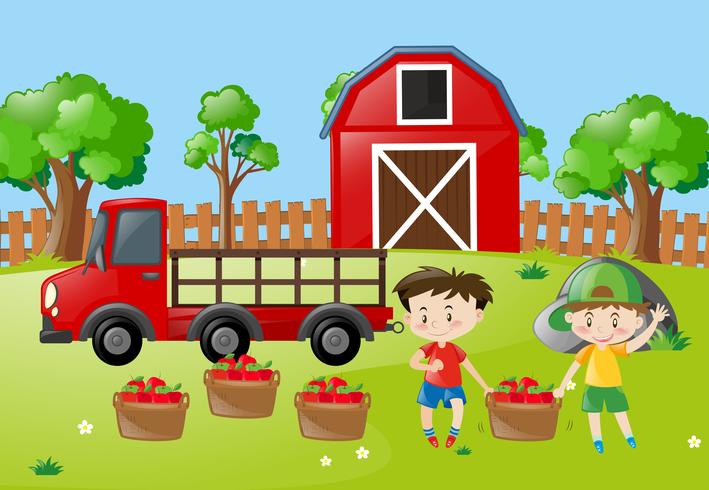 Scène de ferme avec deux garçons avec des pommes dans le panier vecteur