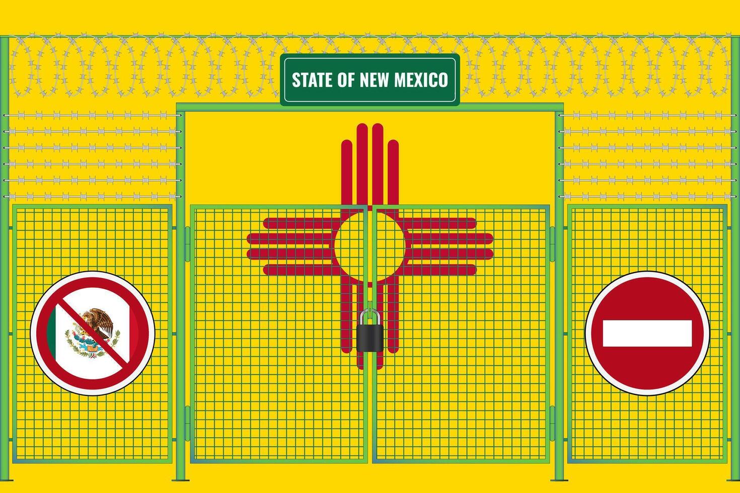 Nouveau Mexique drapeau derrière barbelé câble et une clôture avec une serrure. le problème de illégal migration vecteur