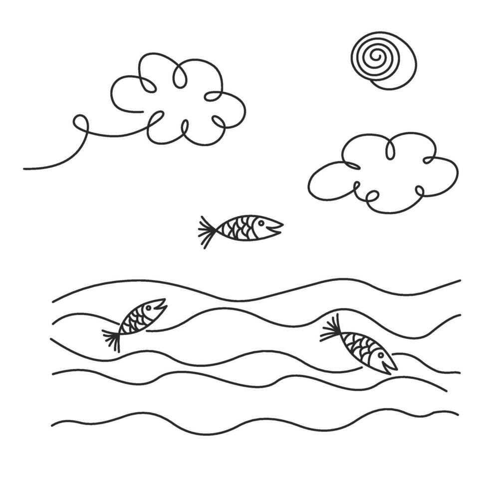 continu un ligne main dessin. mer paysage art. bateau dans vague. Soleil dans le des nuages ciel. Ajustable noir accident vasculaire cérébral transparent Contexte. Célibataire contour griffonnage minimaliste conception vecteur illustration.