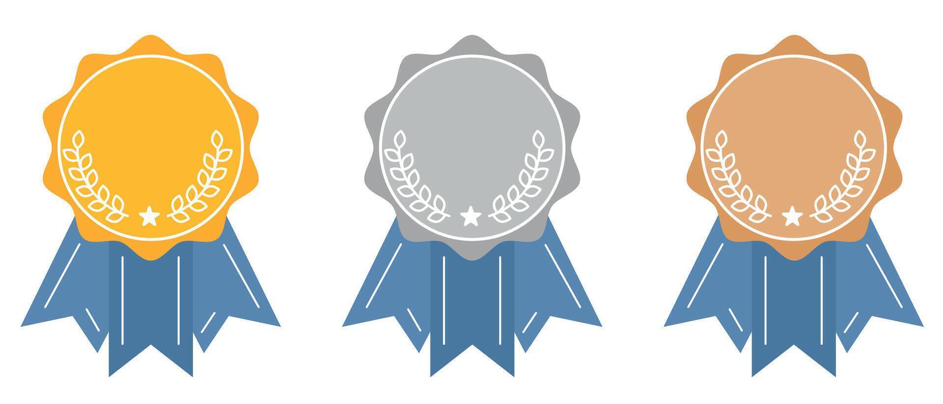 or, argent et bronze insignes, médailles pour gagnants dans sport compétitions. champions prix, prix, médaille avec ruban pour d'abord, seconde et troisième endroit dans compétitions. récompense, appréciation ensemble. vecteur