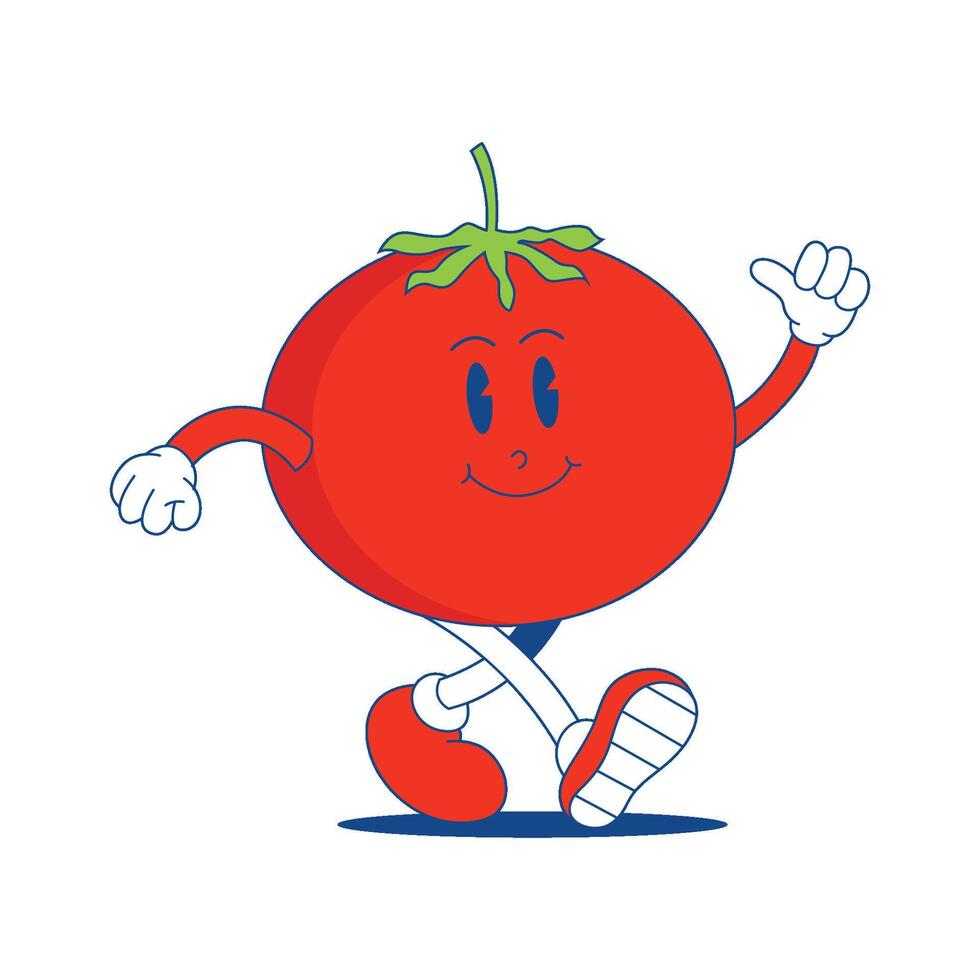 tomate rétro mascotte. marrant dessin animé personnage de tomate. vecteur