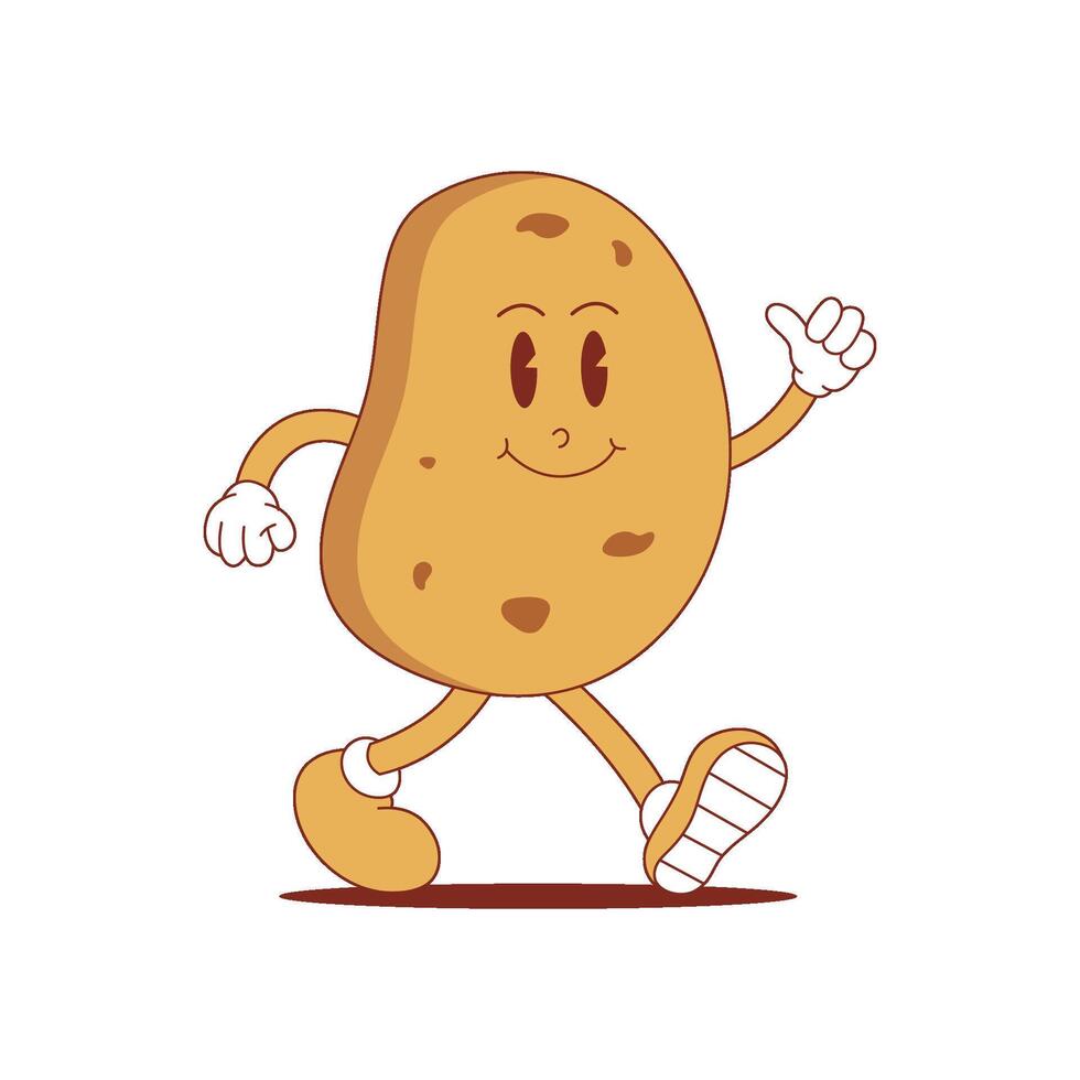 Patate rétro mascotte. marrant dessin animé personnage de pomme de terre. vecteur