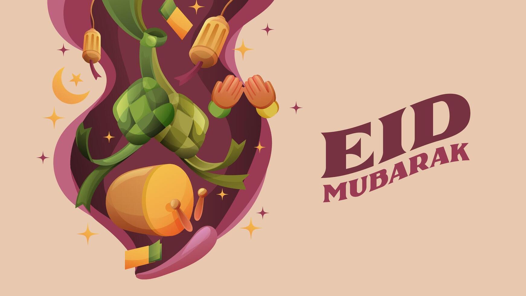 eid mubarak bannière avec bedug ketupat lanterne illustration ornement vecteur