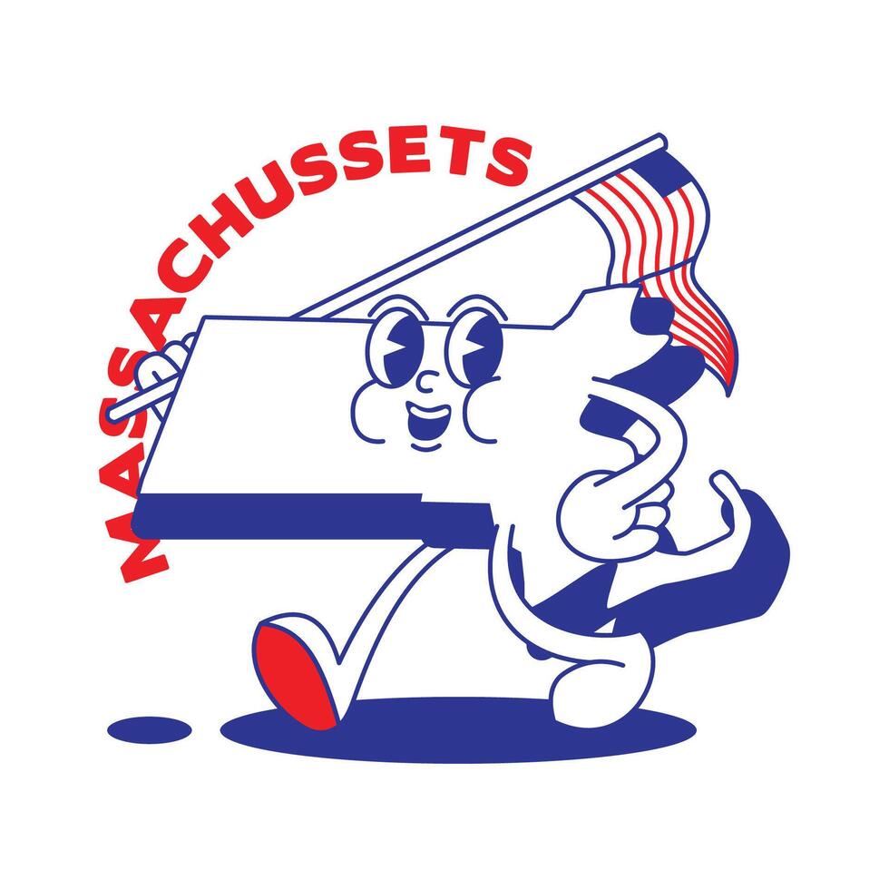 Massachusetts Etat rétro mascotte avec main et pied agrafe art. Etats-Unis carte rétro dessin animé autocollants avec marrant bande dessinée personnages et ganté mains. vecteur modèle pour site Internet, conception, couverture, infographies.