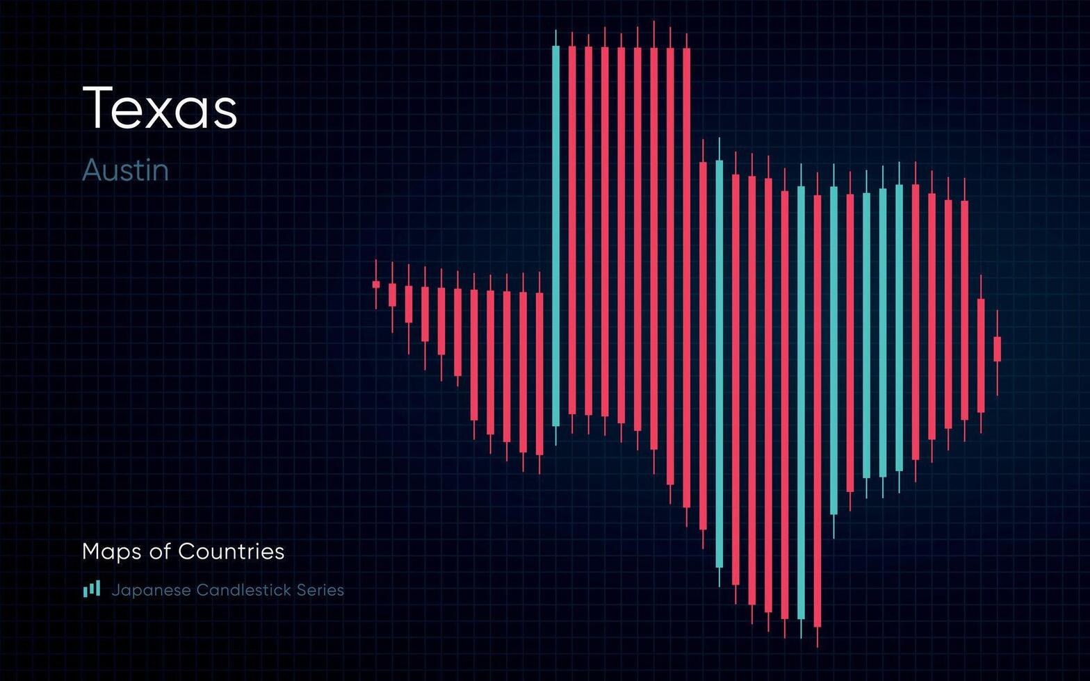 Texas carte est montré dans une graphique avec bars et lignes. Japonais chandelier graphique séries vecteur