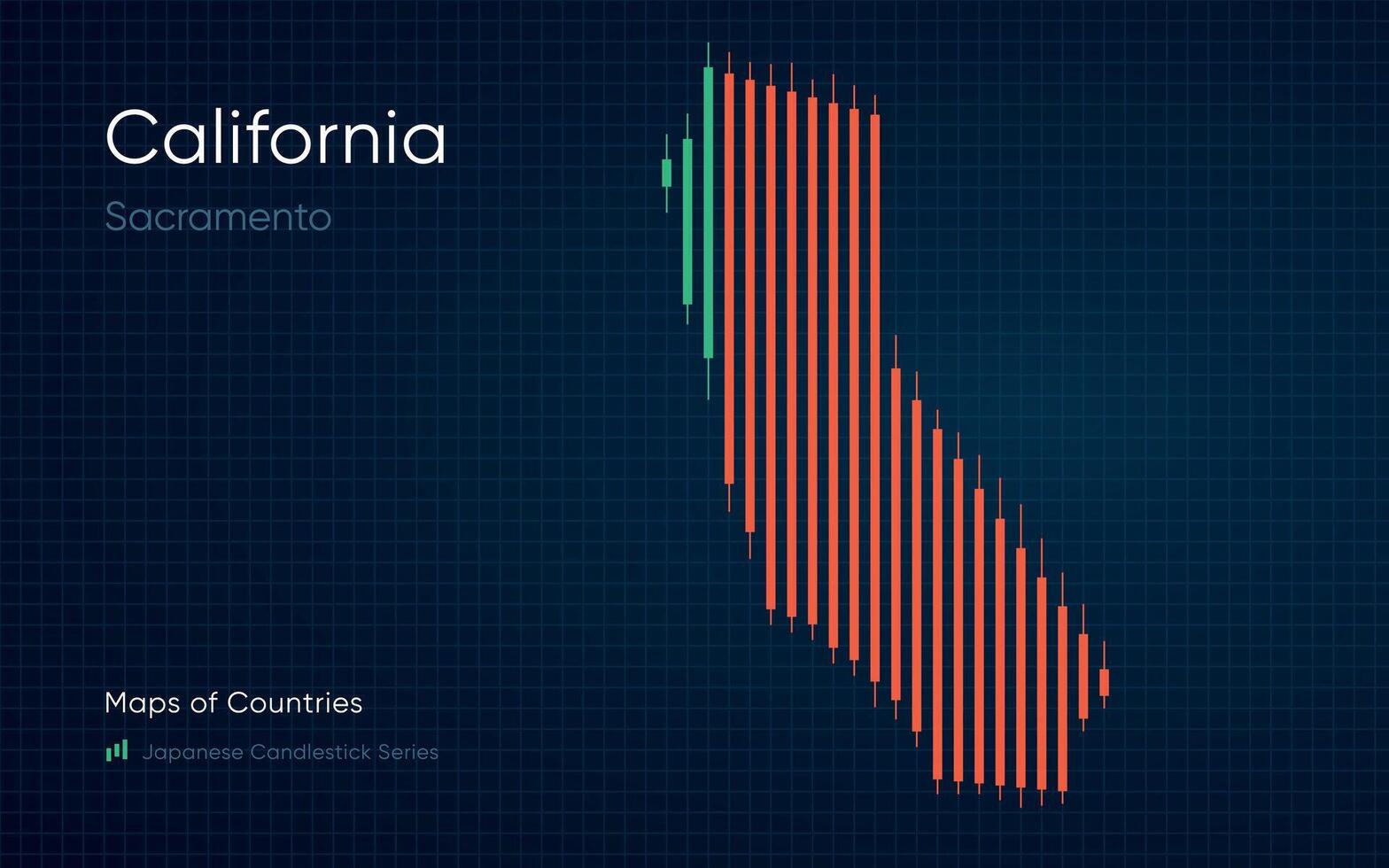 Californie carte est montré dans une graphique avec bars et lignes. Japonais chandelier graphique séries vecteur