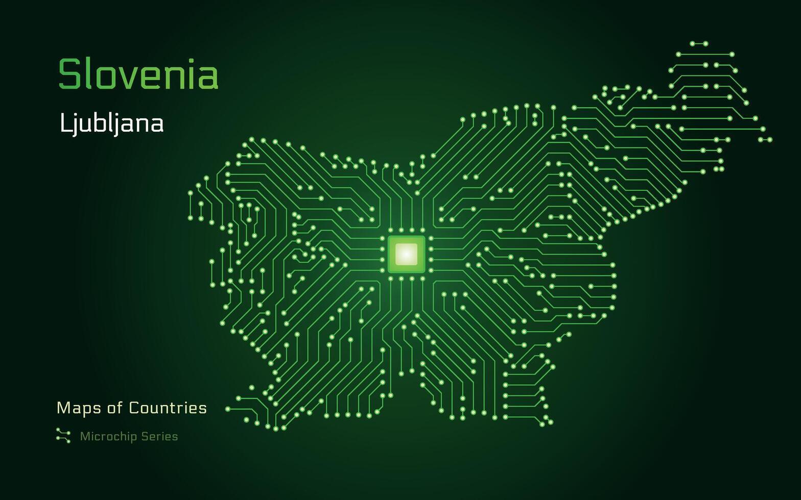 Slovénie, carte avec une Capitale de Ljubljana montré dans une puce électronique modèle. gouvernement électronique. monde des pays vecteur Plans. puce électronique séries