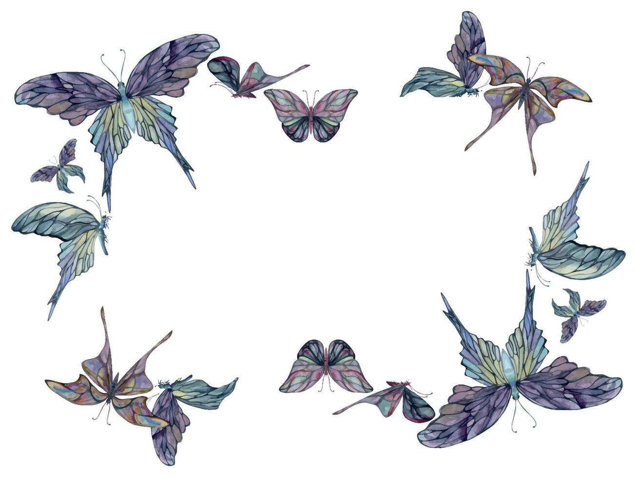 main tiré aquarelle illustration papillon Fée ailes gemme cristal insecte papillon. améthyste émeraude fluorine pierre de lune. horizontal Cadre isolé blanc Contexte. conception imprimer, boutique, mariage, anniversaire vecteur