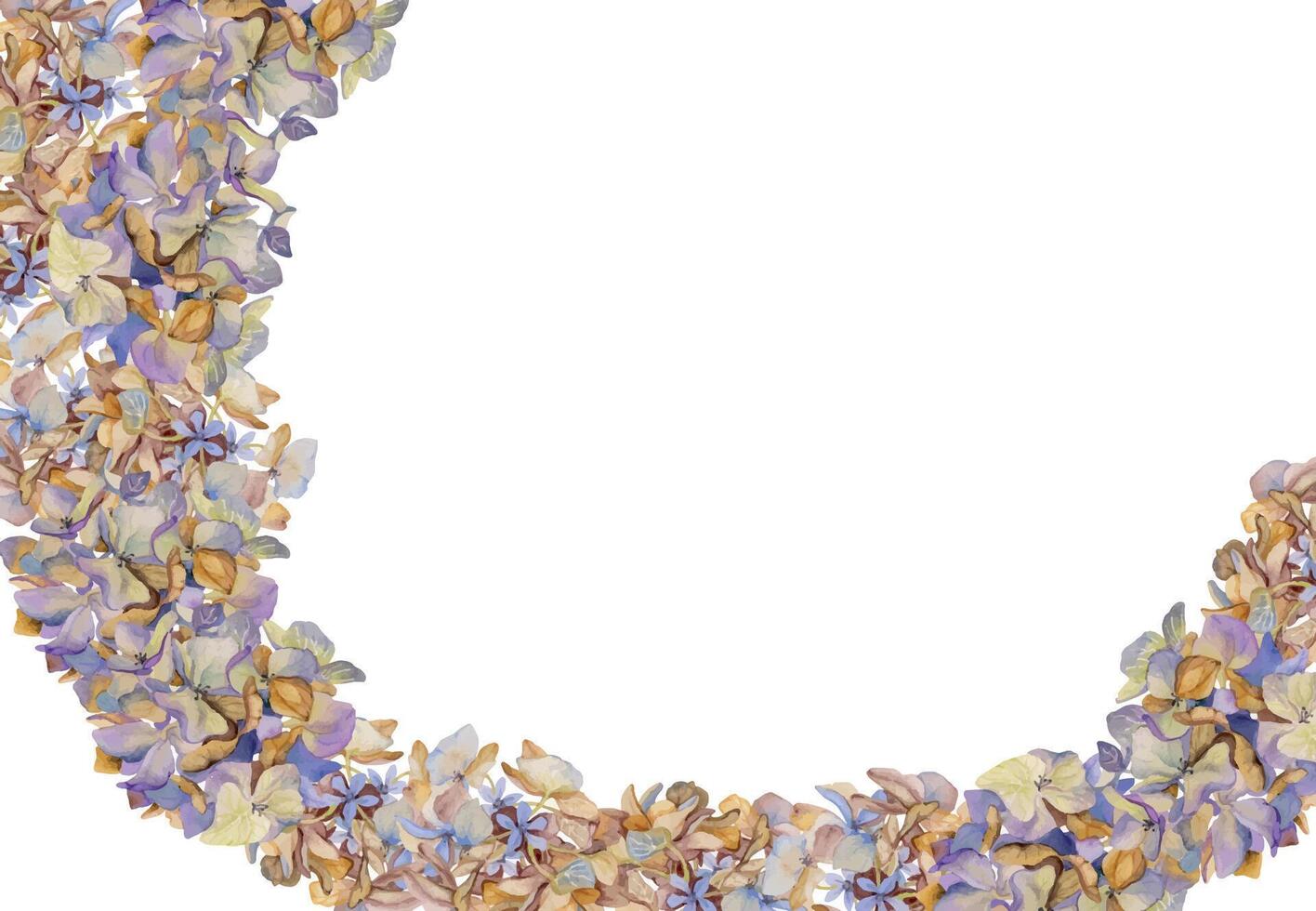 main tiré aquarelle illustration minable boho botanique fleurs feuilles. hortensia Hortensia violet flétri inflorescence. Cadre guirlande isolé sur blanc Contexte. conception mariage, l'amour cartes vecteur