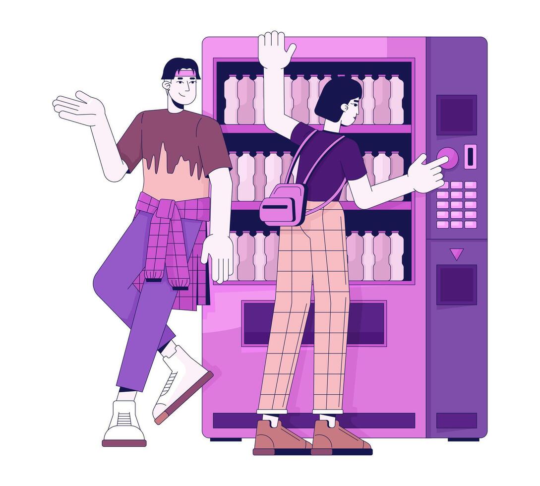 Jeune couple penché sur vente machine linéaire dessin animé personnages vecteur