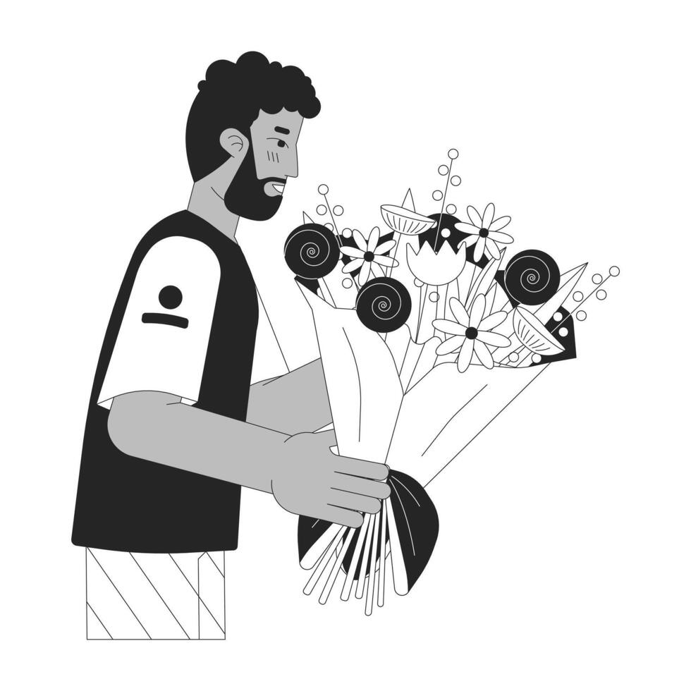 barbu noir homme en portant bouquet noir et blanc 2d ligne dessin animé personnage. avoir fleurs africain américain Masculin isolé vecteur contour personne. floral félicitations monochromatique plat place illustration