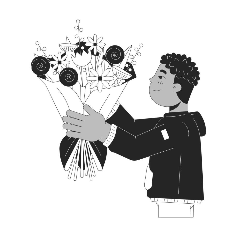 africain américain garçon donnant bouquet noir et blanc 2d ligne dessin animé personnage. noir Masculin enfant isolé vecteur contour personne. floral arrangement enfance mignonne monochromatique plat place illustration