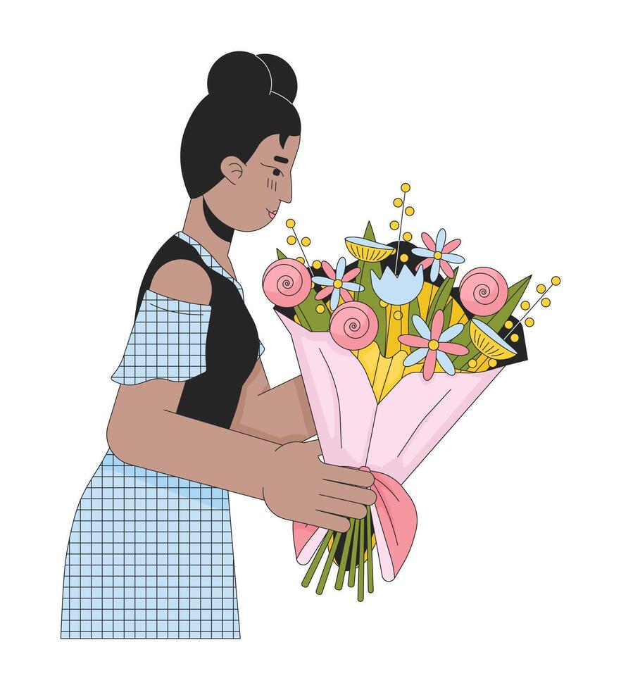 Jeune noir femme avoir bouquet 2d linéaire dessin animé personnage. africain américain femelle isolé ligne vecteur la personne blanc Contexte. petite amie en portant floral arrangement Couleur plat place illustration