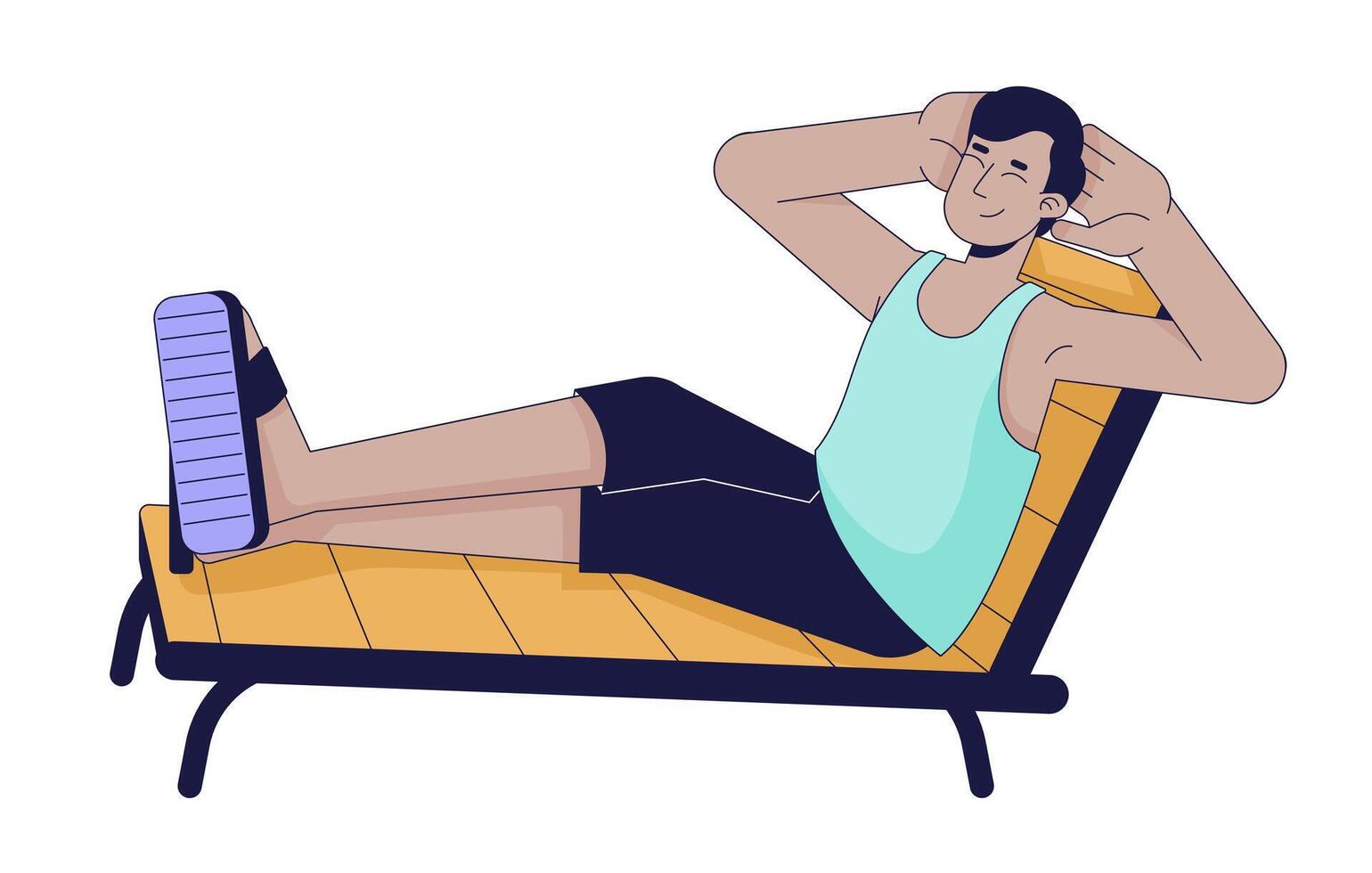 Indien homme repos sur 2d linéaire dessin animé personnage. content Sud asiatique Masculin à plage recours isolé ligne vecteur la personne blanc Contexte. longue attendu vacances temps Couleur plat place illustration