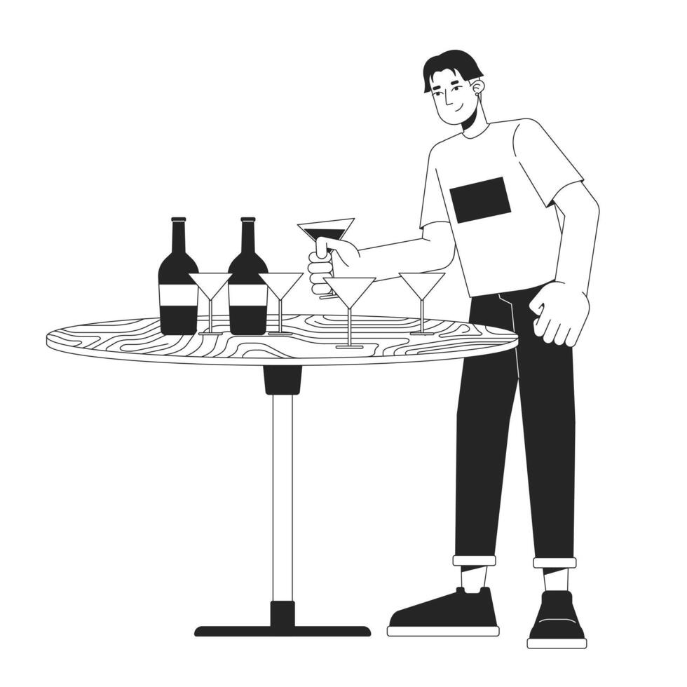 asiatique Masculin prise boisson à fête noir et blanc 2d ligne dessin animé personnage. Jeune homme choisir cocktail sur table isolé vecteur contour personne. vacances traitement monochromatique plat place illustration