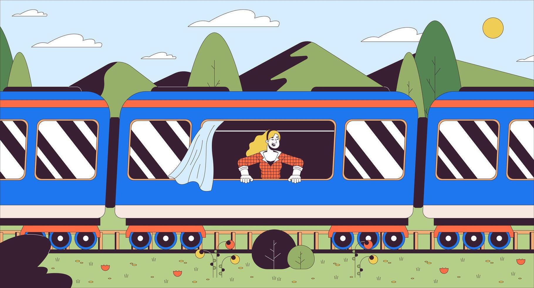 à la recherche en dehors de train fenêtre dessin animé plat illustration. excité femme voyageur 2d ligne personnage coloré Contexte. chemin de fer passager. solo Voyage. chemin de fer tourisme scène vecteur narration image