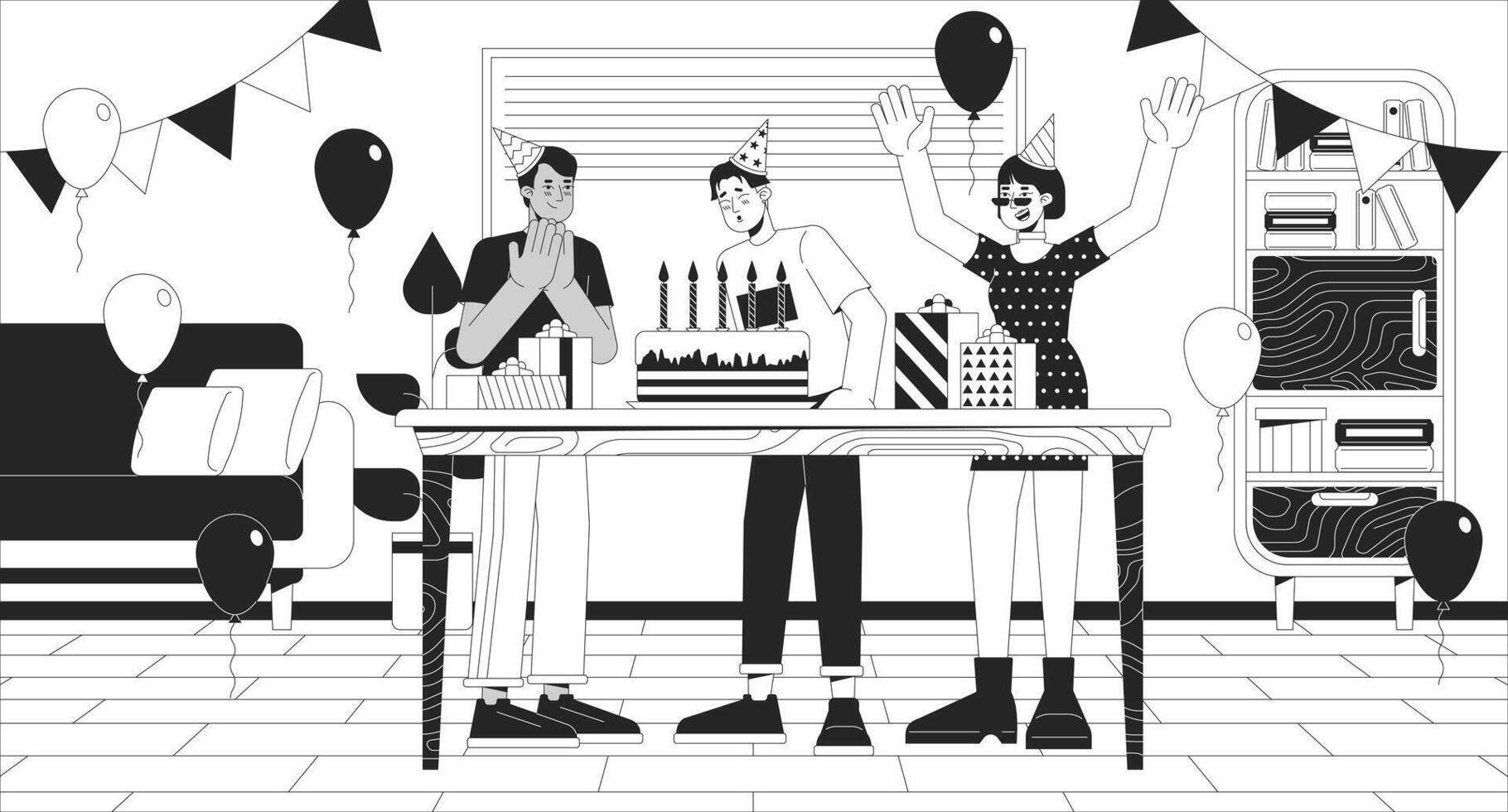 anniversaire fête à Accueil noir et blanc ligne illustration. asiatique homme soufflant bougies avec copains 2d personnages monochrome Contexte. content vacances fête contour scène vecteur image