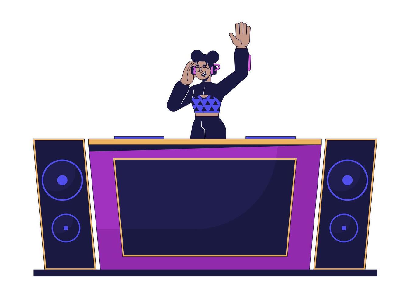 africain américain dj à console 2d linéaire dessin animé personnage. femelle hôte de faire la fête. noir deejay isolé ligne vecteur la personne blanc Contexte. boîte de nuit la musique ensemble Couleur plat place illustration