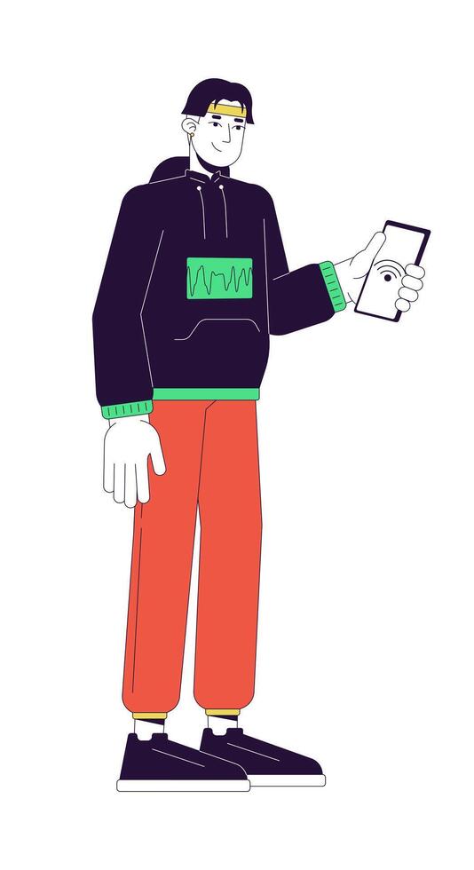 coréen Jeune homme ayant nfc sur téléphone 2d linéaire dessin animé personnage. sans contact payant gars isolé ligne vecteur la personne blanc Contexte. sans fil la communication La technologie Couleur plat place illustration