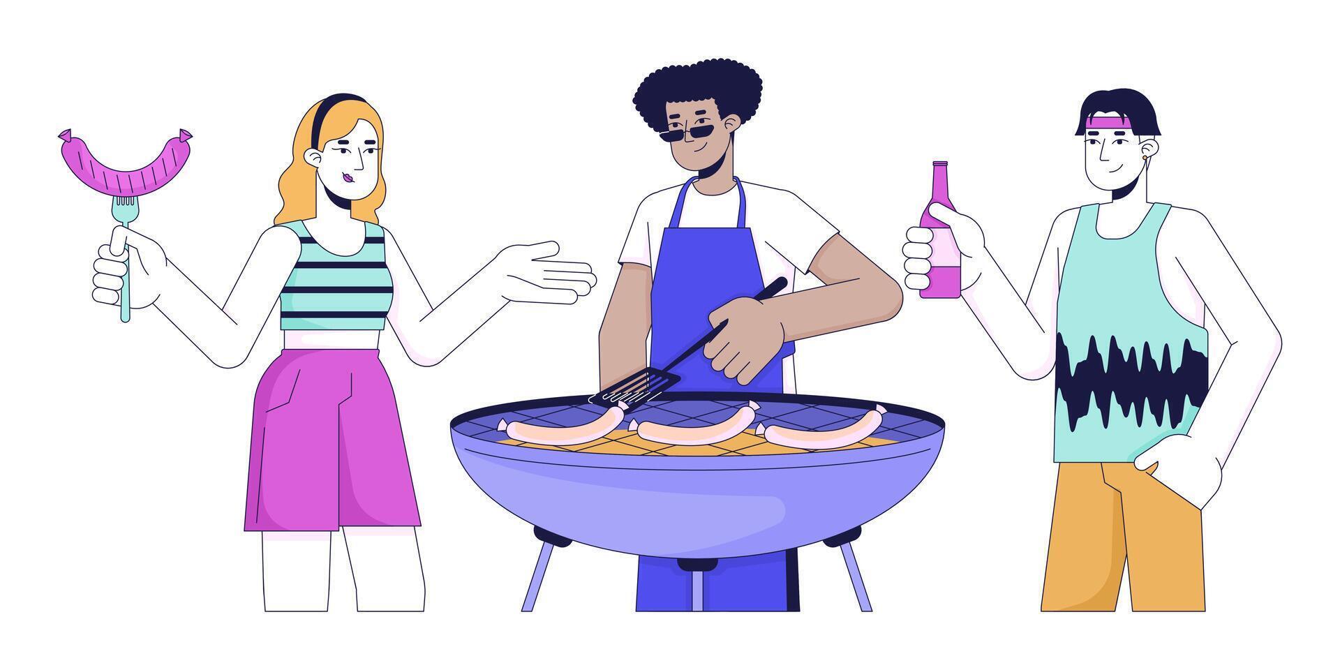 copains cuisine barbecue 2d linéaire dessin animé personnages. multiracial voisins à un barbecue fête isolé ligne vecteur gens blanc Contexte. grillé nourriture à été pique-nique Couleur plat place illustration