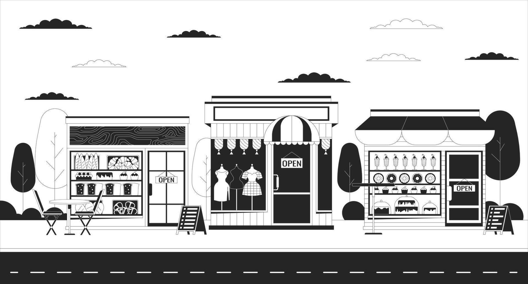 petit entreprises noir et blanc ligne illustration. visite local magasins. divers magasins sur rue 2d paysage urbain monochrome Contexte. des biens et prestations de service de entrepreneurs contour scène vecteur image