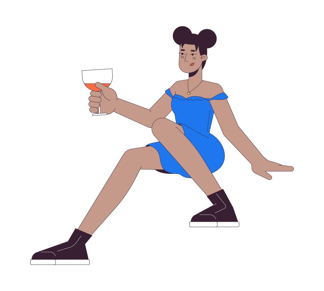 Afro-américain content femme verre de vin 2d linéaire dessin animé personnage. du vin verre en portant noir femelle isolé ligne vecteur la personne blanc Contexte. cocktail en buvant Couleur plat place illustration