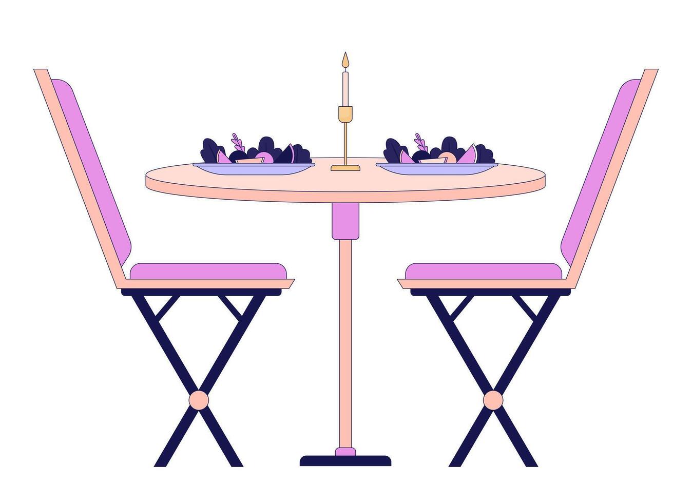 romantique dîner table chaises 2d linéaire dessin animé objet. restaurant repas assiettes par aux chandelles isolé ligne vecteur élément blanc Contexte. Date nuit. bougie lumière dîner Couleur plat place illustration