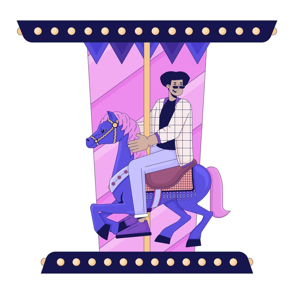 Jeune homme équitation cheval carrousel linéaire dessin animé personnage vecteur