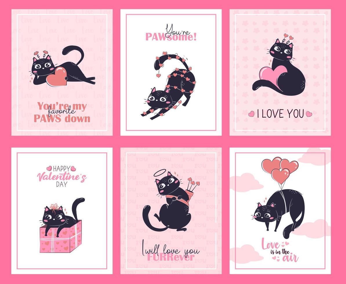 ensemble de imprimable la Saint-Valentin journée carte modèles avec kawaii noir chat dans différent pose avec l'amour messages et calembour légendes. vecteur