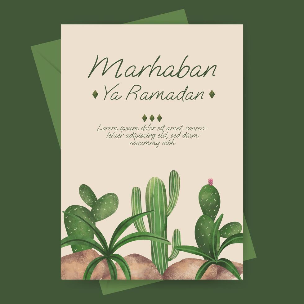 islamique salutation carte avec mosquée et plante illustration pour Ramadan eid mubarak islamique journée. vecteur