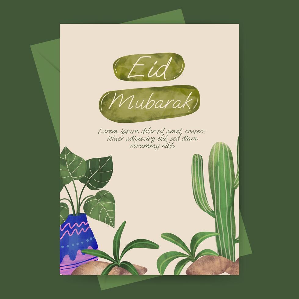 islamique salutation carte avec mosquée et plante illustration pour Ramadan eid mubarak islamique journée. vecteur