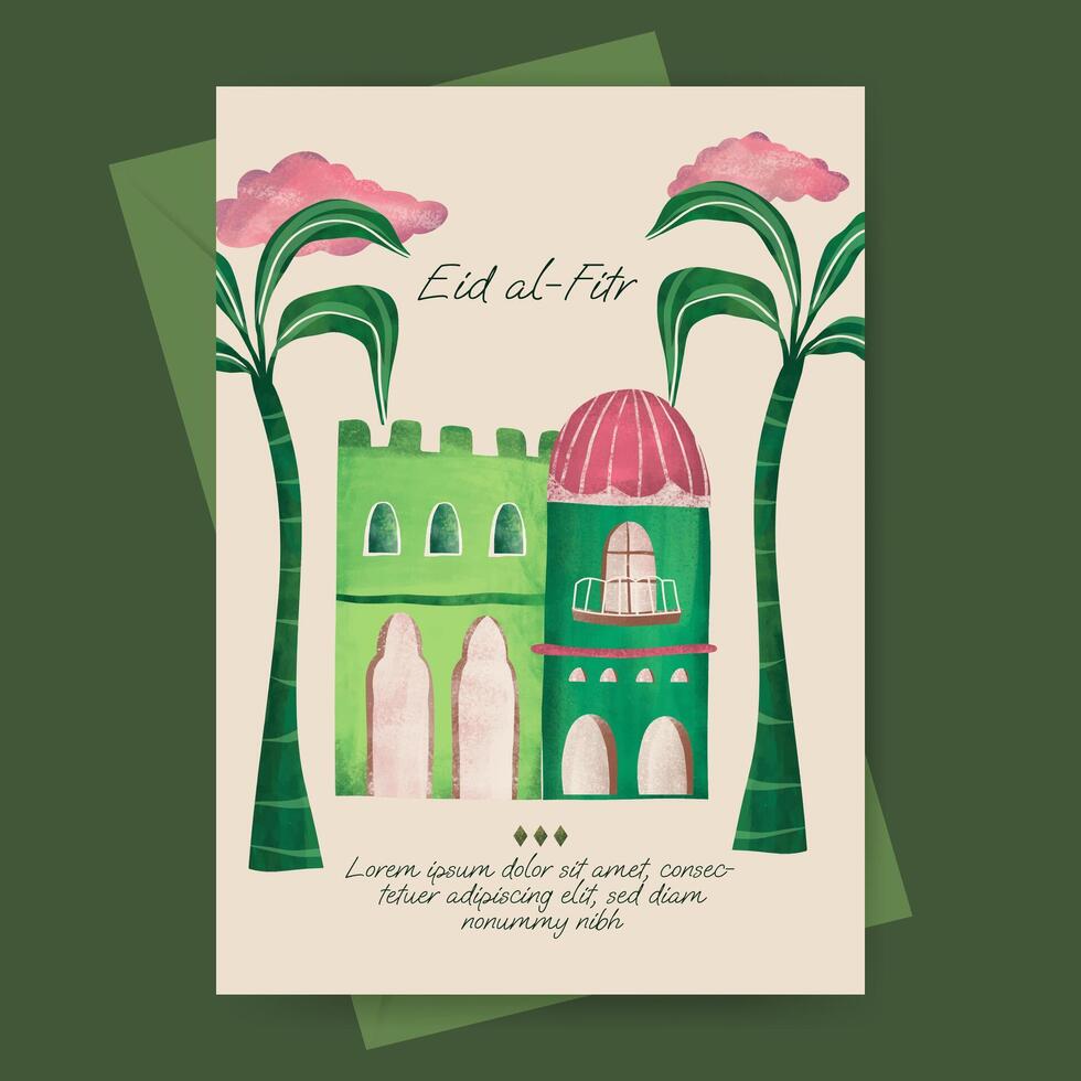 islamique salutation carte avec mosquée et plante illustration pour Ramadan eid mubarak islamique journée. vecteur