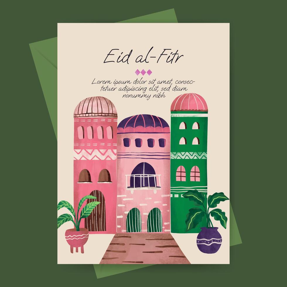 islamique salutation carte avec mosquée et plante illustration pour Ramadan eid mubarak islamique journée. vecteur