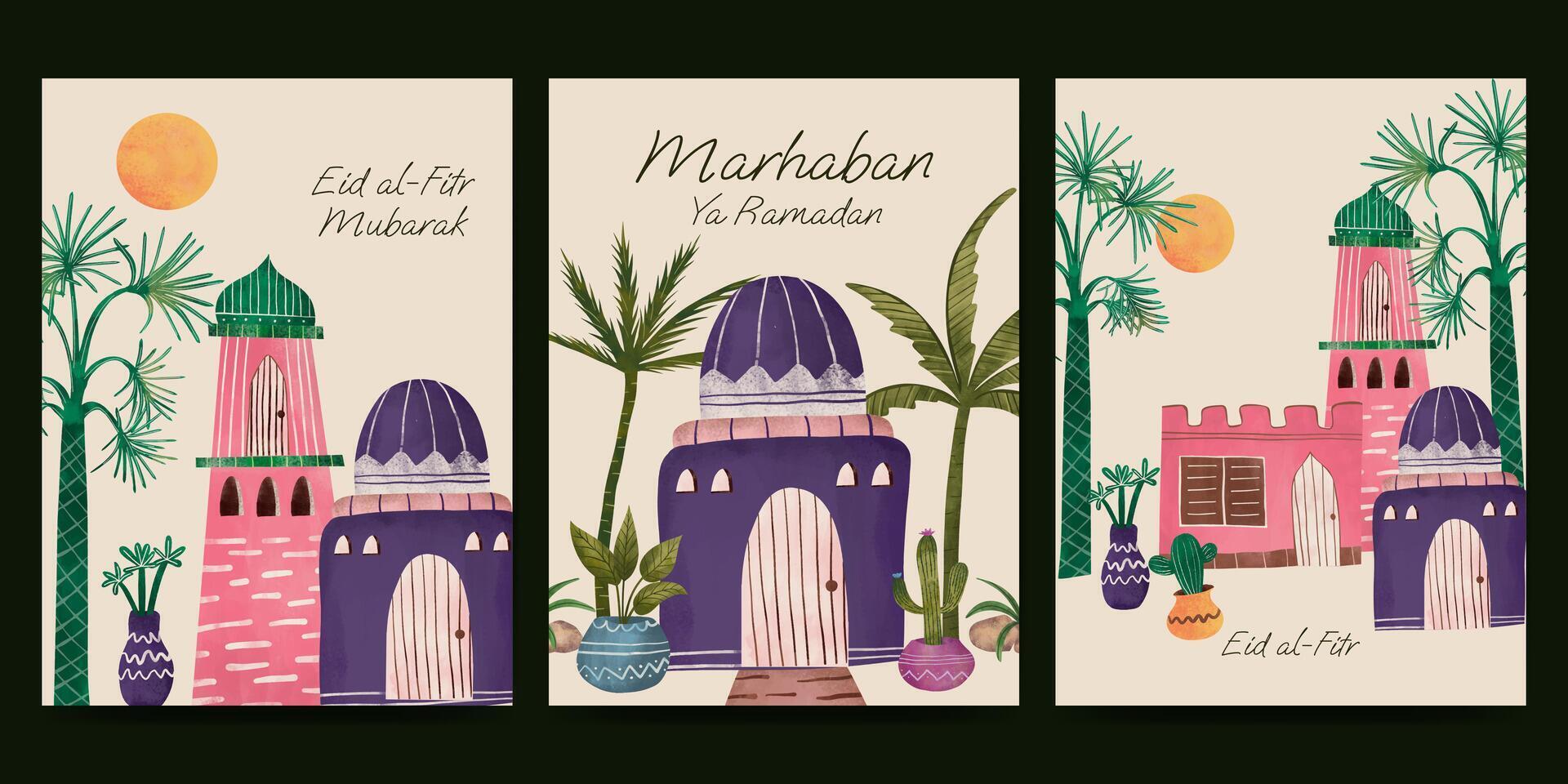 islamique salutation carte avec fleur et plante illustration pour Ramadan eid mubarak islamique journée. vecteur