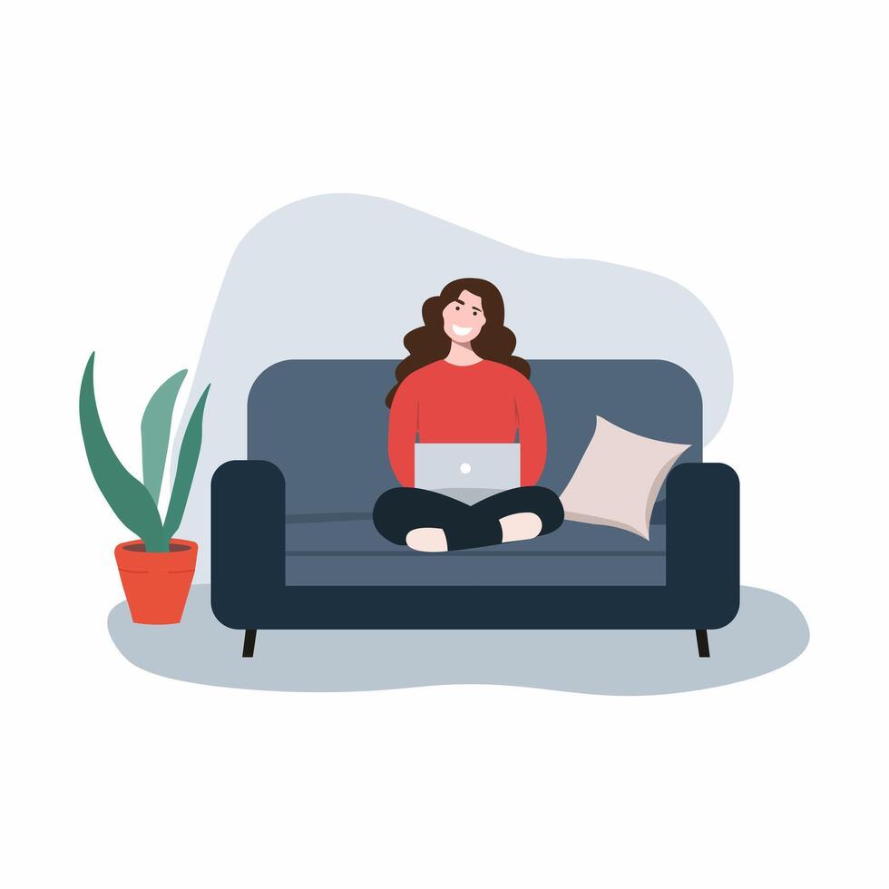 femme heureuse assise sur un canapé avec ordinateur portable. illustration vectorielle moderne de style plat. vecteur