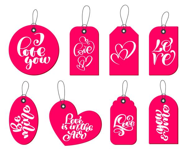 Collection d&#39;étiquettes de cadeaux mignons dessinés à la main avec l&#39;inscription je t&#39;aime. Saint Valentin, mariage, mariage, anniversaire, amour, thème romantique vecteur