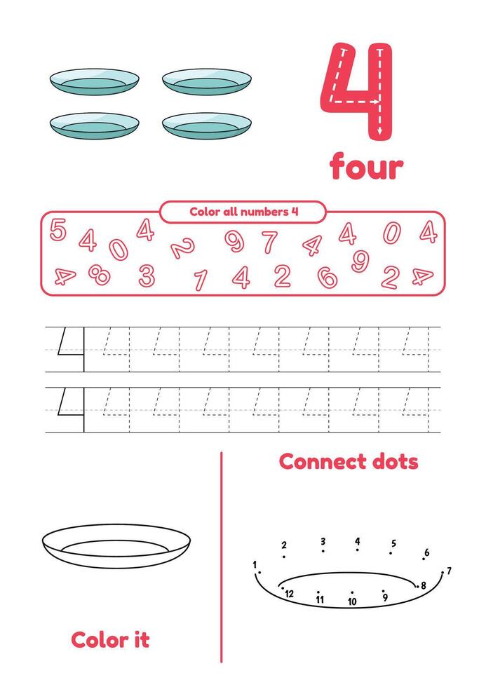 beaucoup Jeux sur un page pour des gamins éducation. Couleur page, relier des points, trace. apprentissage nombre 4 vecteur