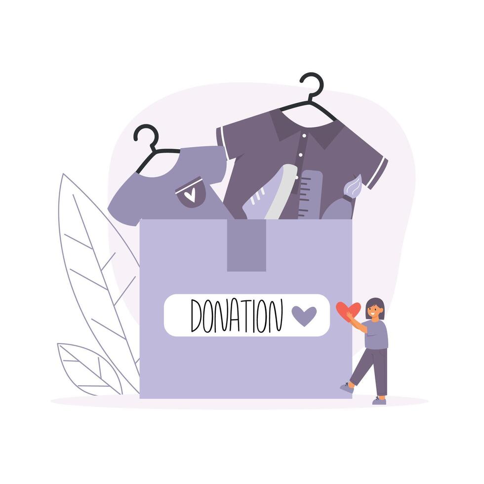 charité don concept. peu fille en portant cœur près papier carton boîte avec faire un don vêtements et des biens vecteur
