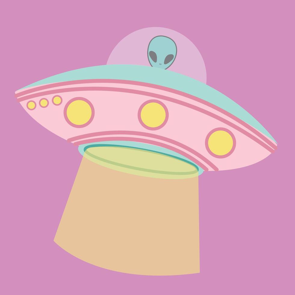 non identifié en volant objet OVNI isolé extraterrestre navire avec extraterrestre conduite sur violet Contexte vecteur
