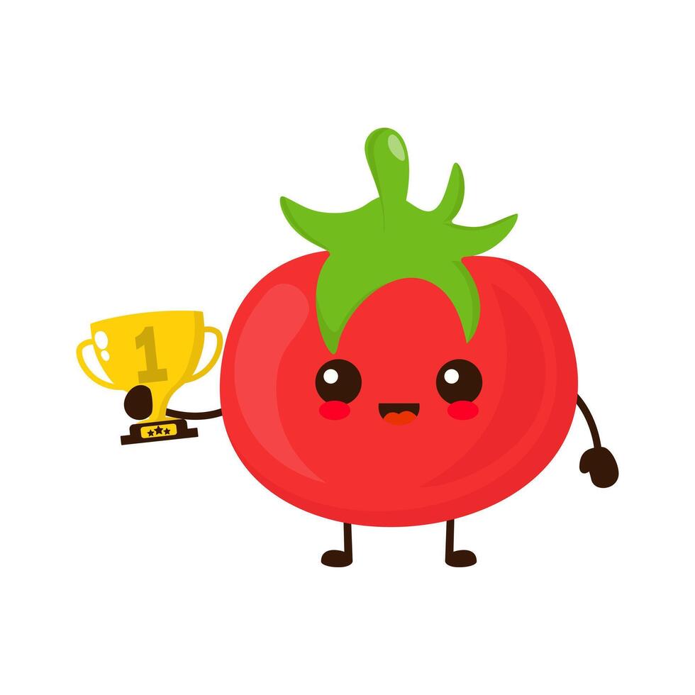 mignonne content tomate fruit avec or trophée. vecteur plat fruit dessin animé personnage illustration icône conception